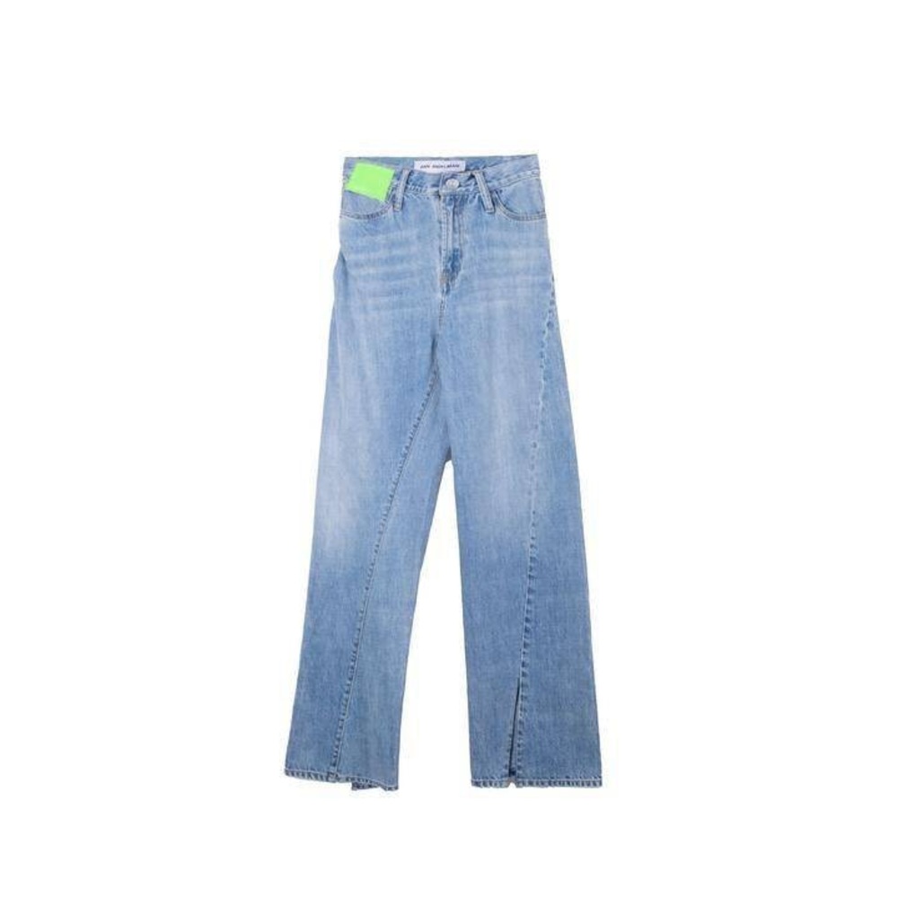 Ann Andelman asymmetrical twisted flared jeans lizard patch denim in blue